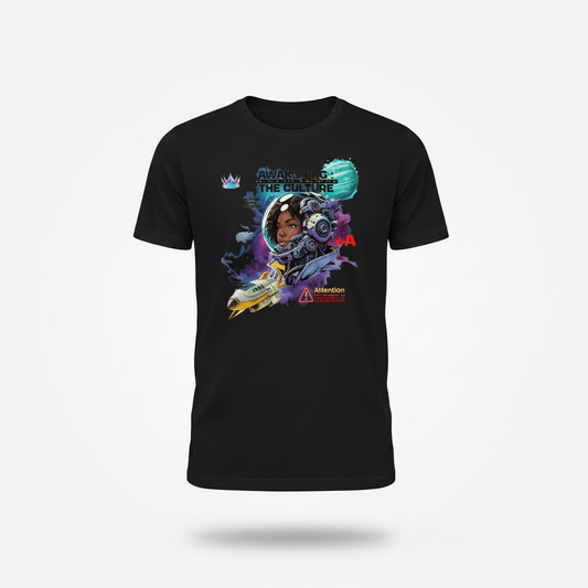 Black t-shirt with colorful graphic design on a white background