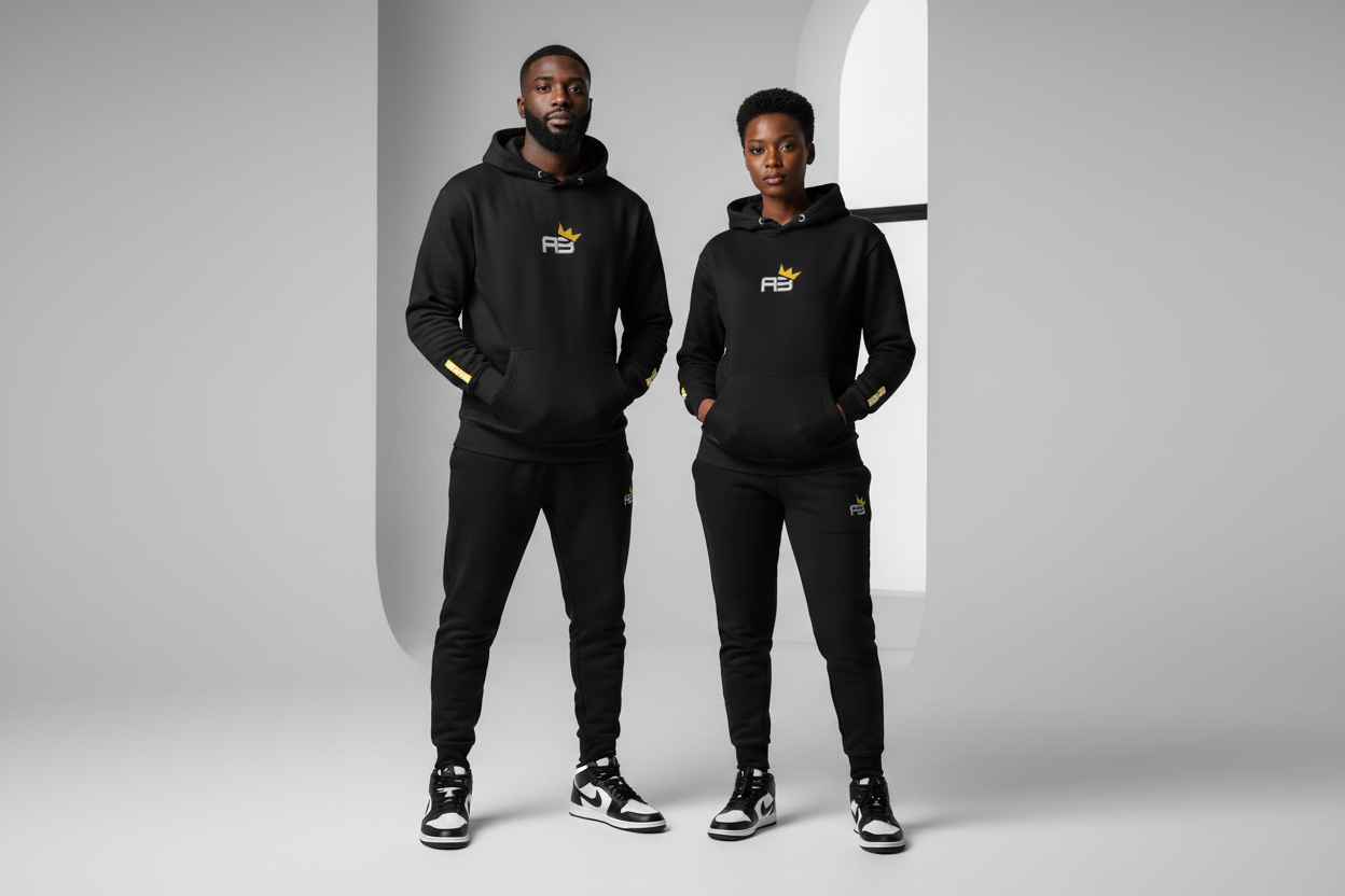 Two people wearing matching black outfits with a logo in a neutral setting